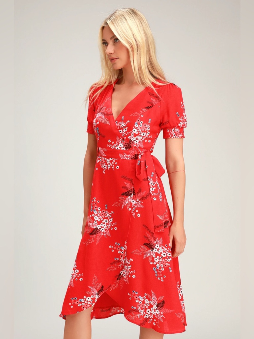 Lulus All the Sweetness Red Floral Puff Sleeve Midi Wrap Dress S Kentucky Derby
